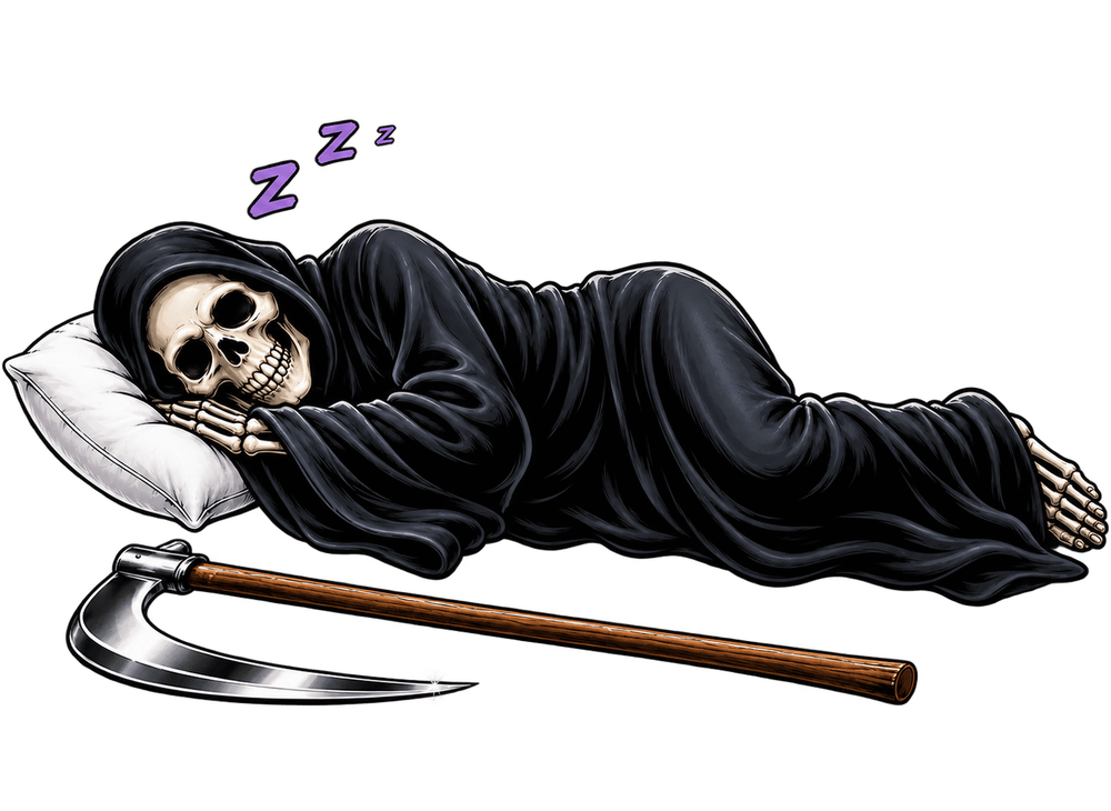 The Reapers Pillow reaper asleep on a pillow, scythe set down beside him